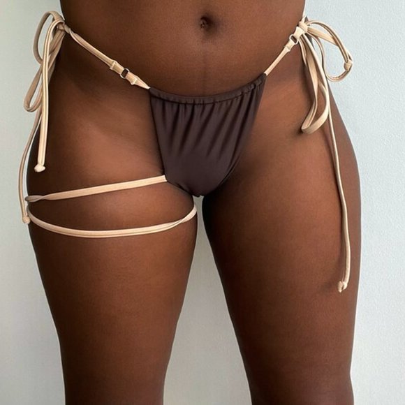 Coffee Strappy Bikini with Nude Ties SET - Picture 4 of 9